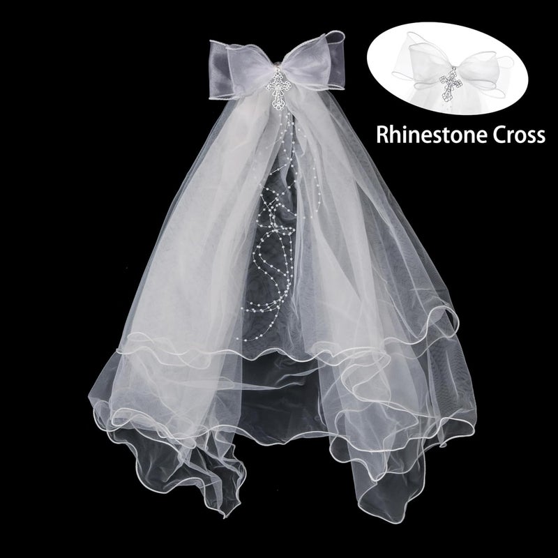 Merroyal First Communion Veil and Tiara Set, 24 inch White Veil with Rhinestone Cross Crown, Religious Ceremony Accessories - Image 2